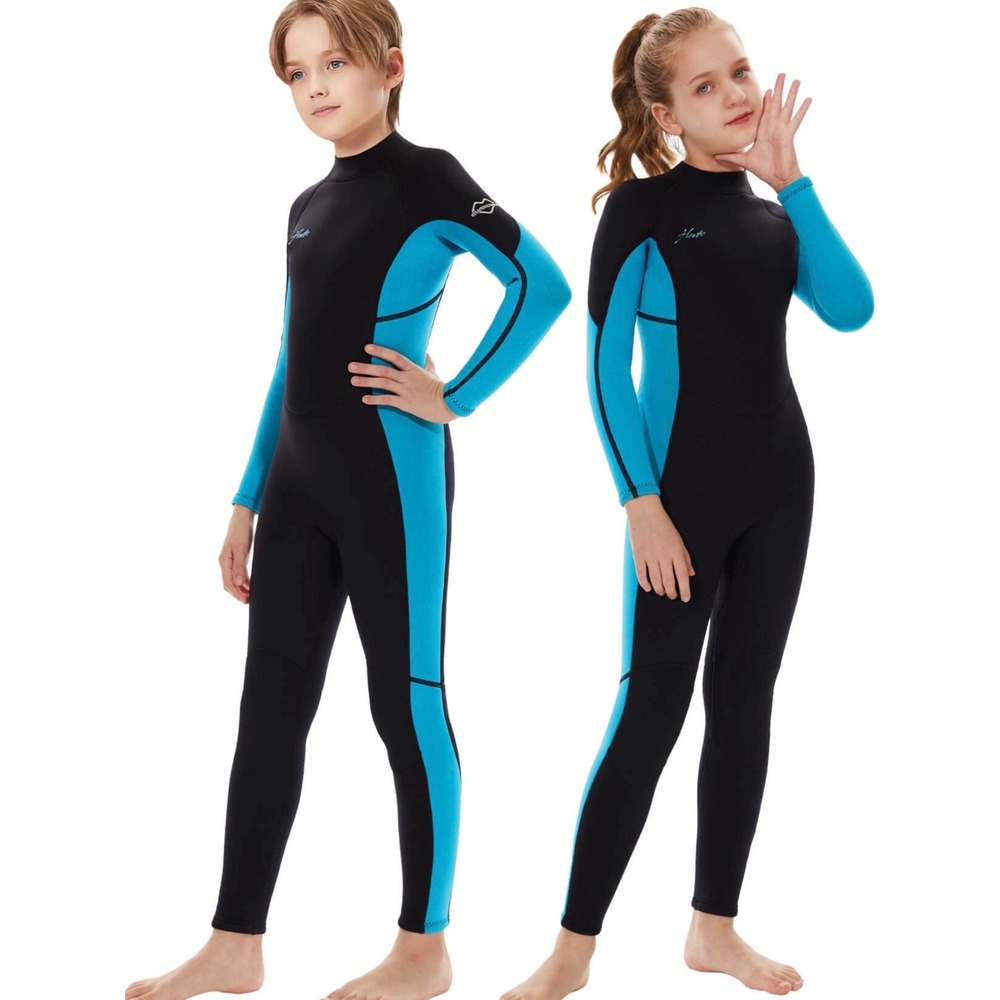 Hevto Wetsuit Kids Size 14 Black Blue Excellent 3/2mm Neoprene Full Body Suit